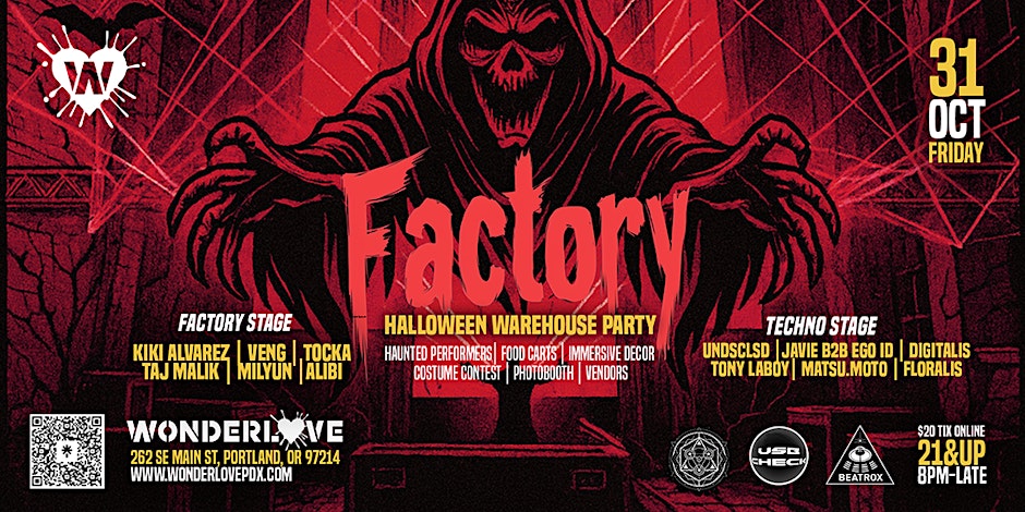 Flyer for Factory Halloween Warehouse Party